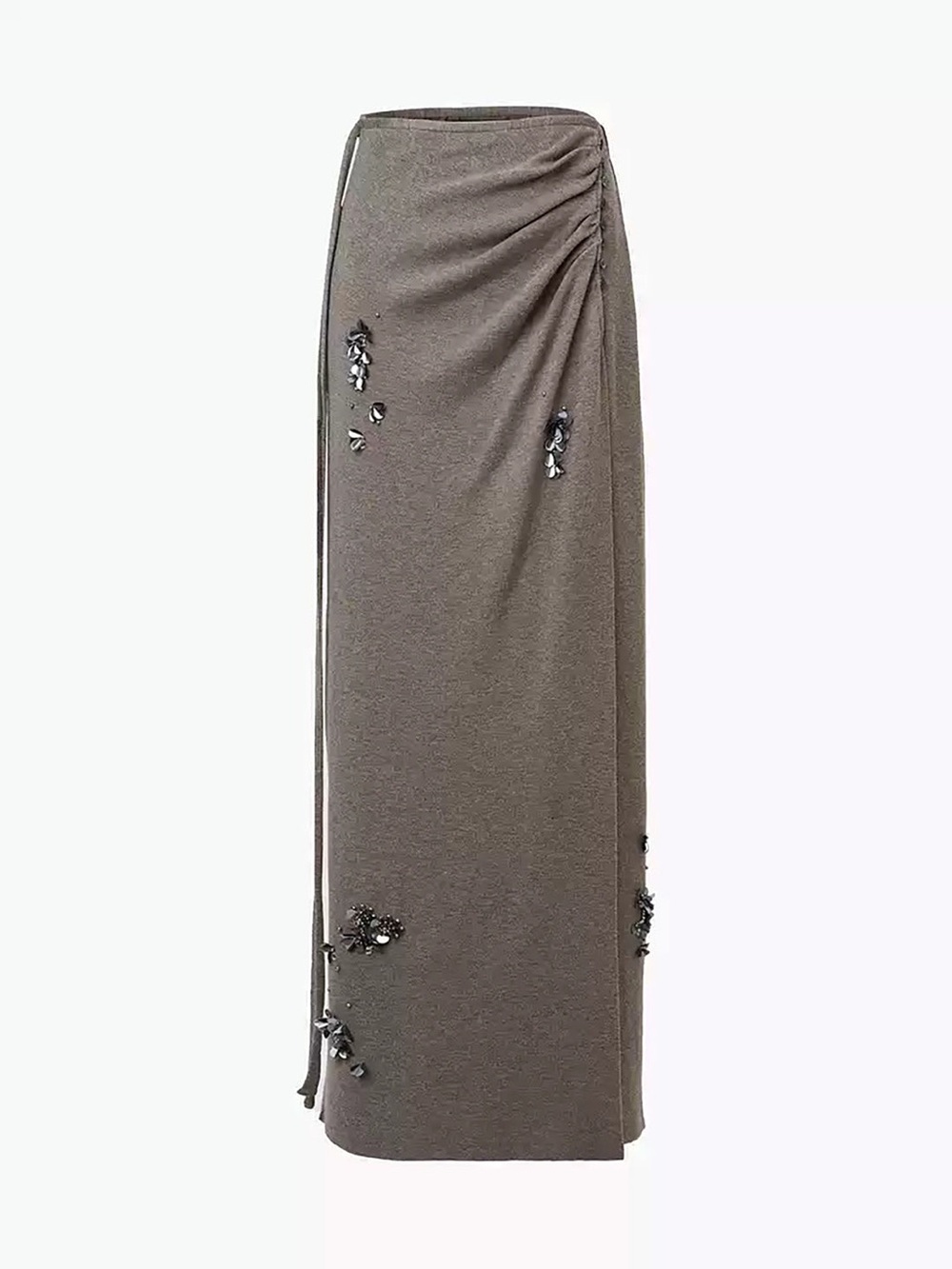 Commense Wool Blend Maxi Skirt Khaki Brown Pleather Sequin Detail Long Skirt XL